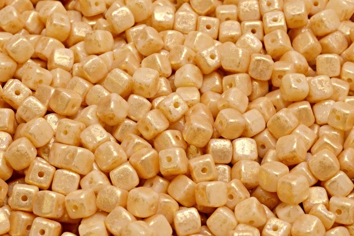 Cube Beads, Opaque Beige Gold Splash (13010-94401), Glass, Czech Republic