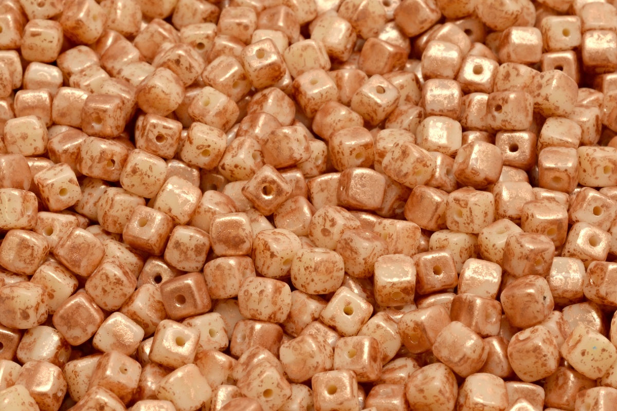 Cube Beads, Opaque Beige Copper Splash (13010-94402), Glass, Czech Republic