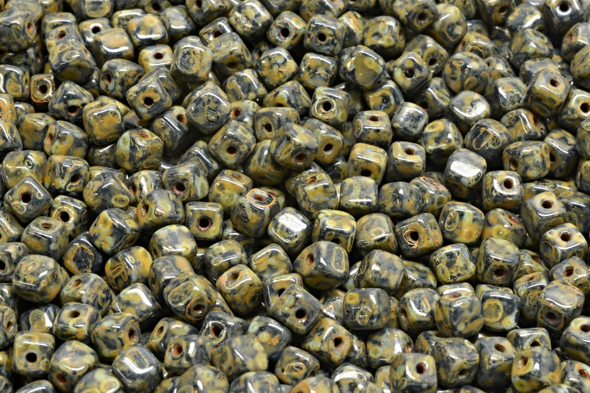Cube Beads, Black Travertin Orange Spotted (23980-86800-33302), Glass, Czech Republic