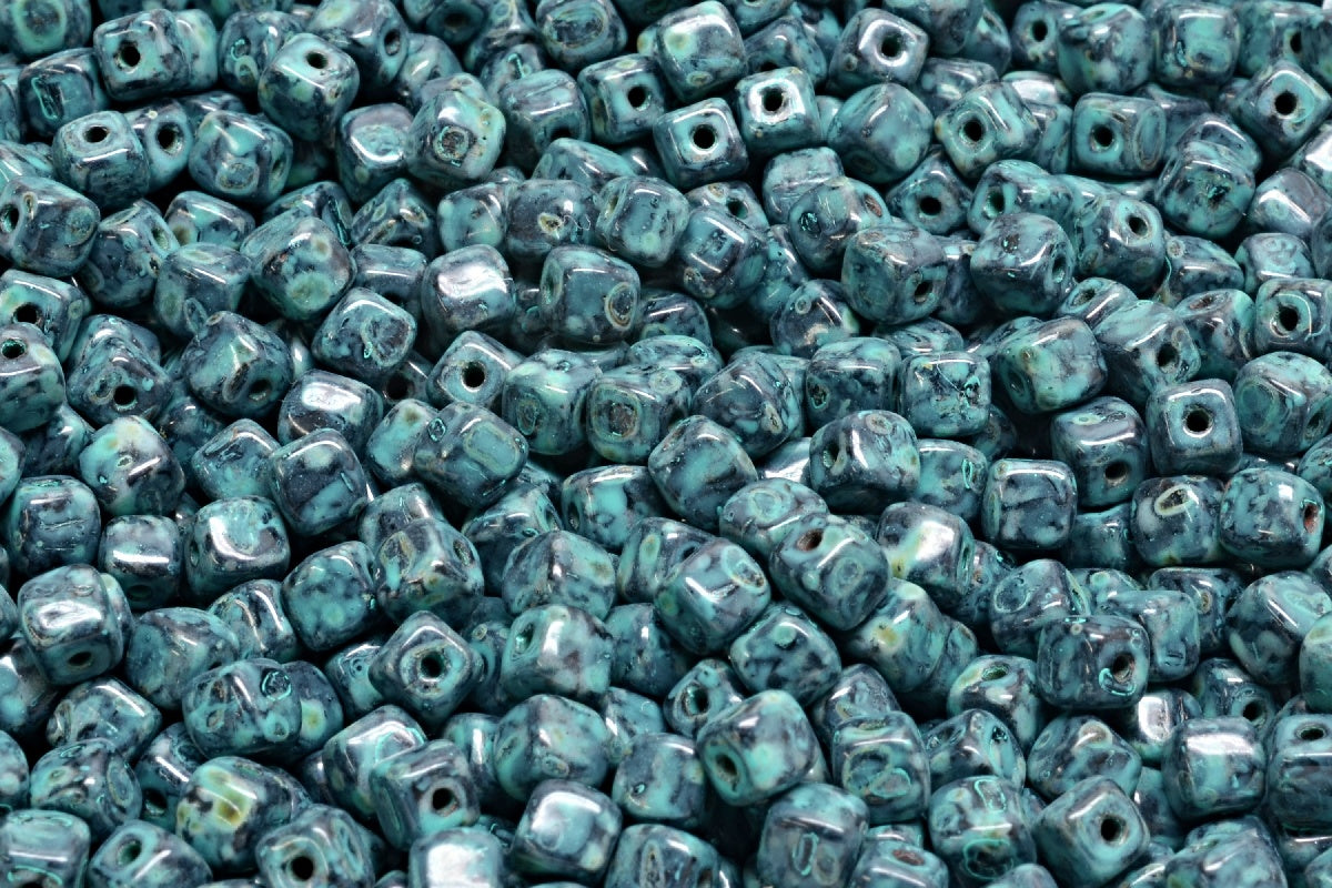 Cube Beads, Black Travertin Turqouise Spotted (23980-86800-33310), Glass, Czech Republic