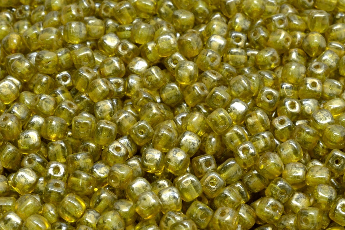 Cube Beads, Transparent Green Gold Splash (50230-86720), Glass, Czech Republic