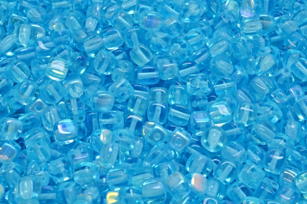 Cube Beads, Transparent Aqua Ab (60020-28701), Glass, Czech Republic