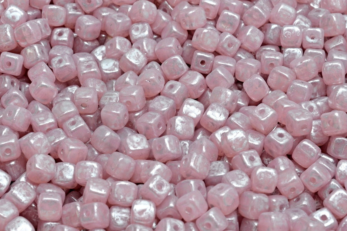 Cube Beads, Opal Pink Silver Splash (71400-86700), Glass, Czech Republic