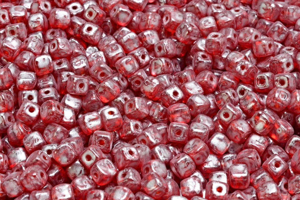 Cube Beads, Ruby Red Silver Splash (90080-86700), Glass, Czech Republic