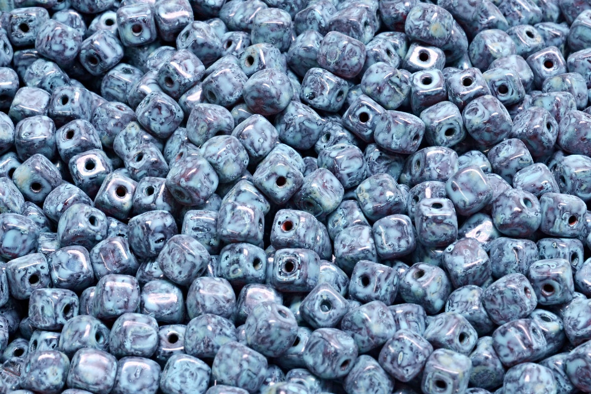 Cube Beads, Ruby Red Travertin Turqouise Spotted (90080-86800-33309), Glass, Czech Republic