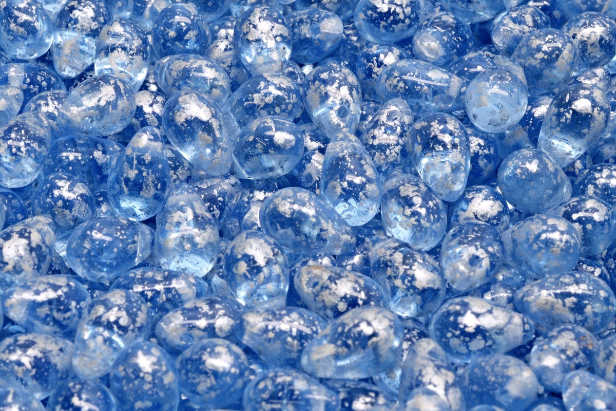 OUTLET 10 grams Drop Beads, 6 x 9 mm, Transparent Blue Silver Splash (30020-94400), Glass, Czech Republic