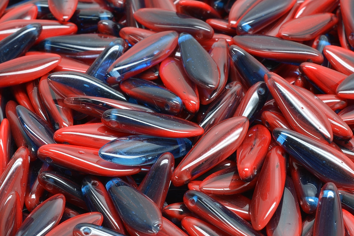 OUTLET 10 grams Dagger Beads, 5 x 16 mm, Opaque Red Transparent Blue (93200-30090), Glass, Czech Republic