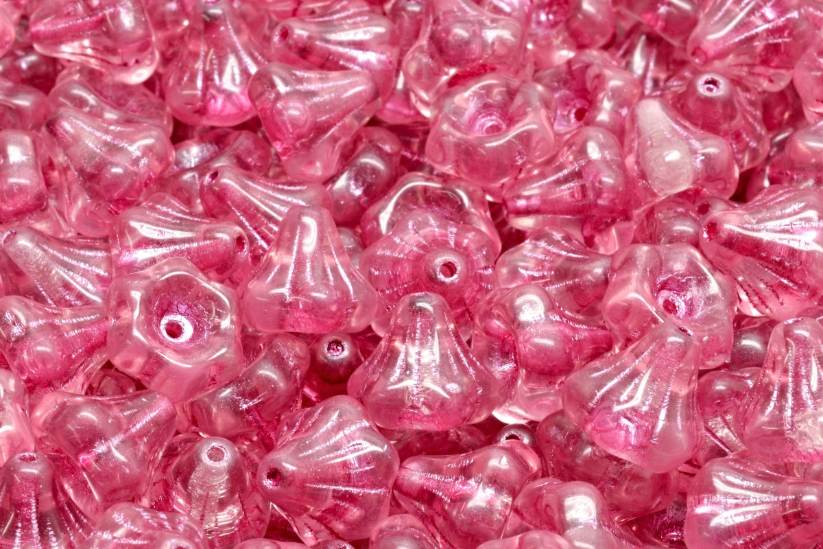 OUTLET 10 grams Flower Bell Beads, 9 x 9 mm, Transparent Pink Pink Lined (70110-54321), Glass, Czech Republic