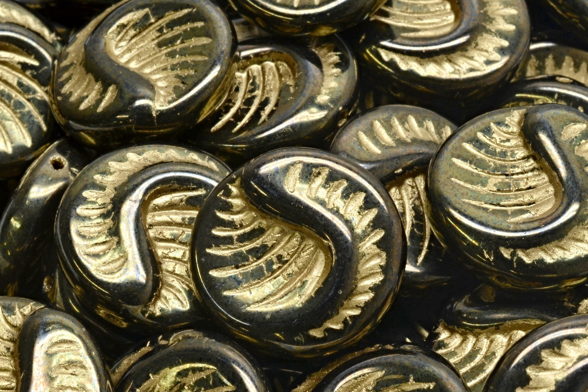 Fossil Coin Beads, Black Luster Red Full Coated Gold Lined (23980-14495-54302), Glass, Czech Republic