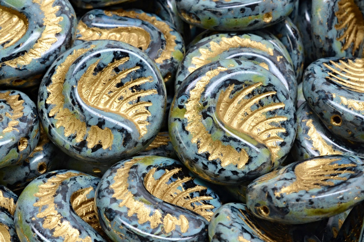 Fossil Coin Beads, Black Travertin Gold Lined (23980-86800-54302), Glass, Czech Republic