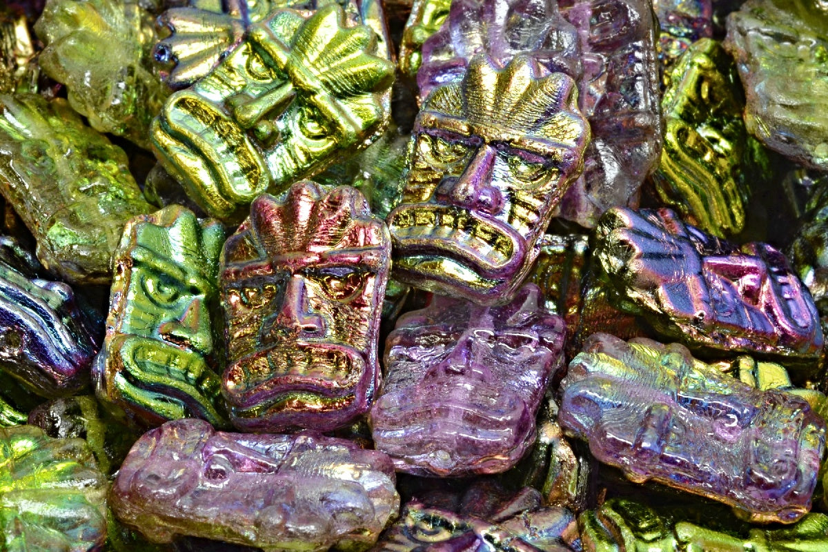 Tiki Mask Beads, Crystal Green Purple (00030-95000), Glass, Czech Republic