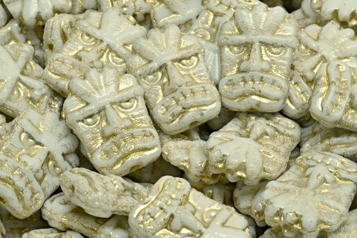 Tiki Mask Beads, White Gold Lined (02010-54302), Glass, Czech Republic