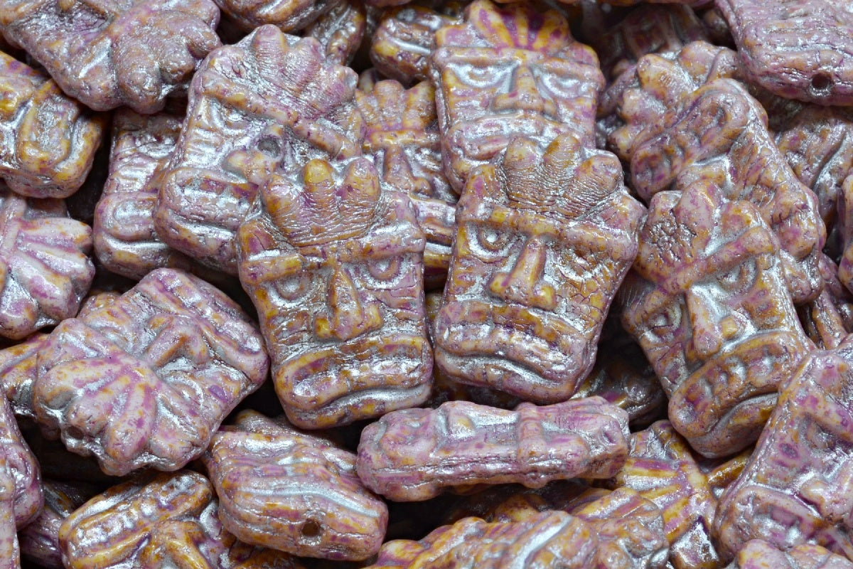 Tiki Mask Beads, White Travertin Pink Spotted Silver Lined (02010-86800-33306-54301), Glass, Czech Republic