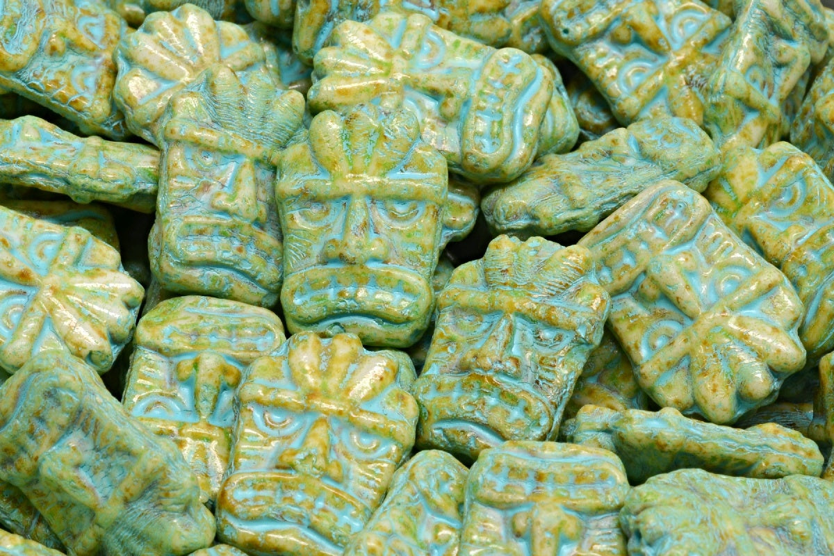 Tiki Mask Beads, White Travertin Green Spotted Light Blue Lined (02010-86800-33311-54308), Glass, Czech Republic