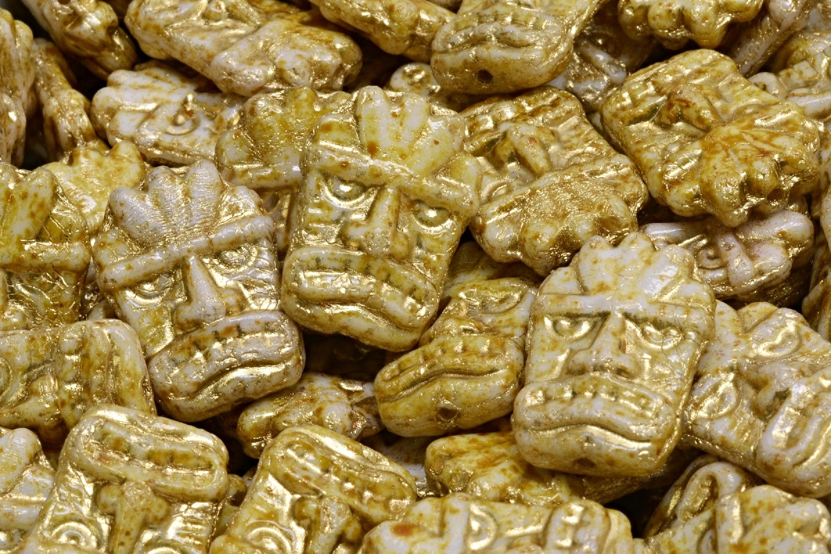 Tiki Mask Beads, White Travertin Gold Lined (02010-86800-54302), Glass, Czech Republic