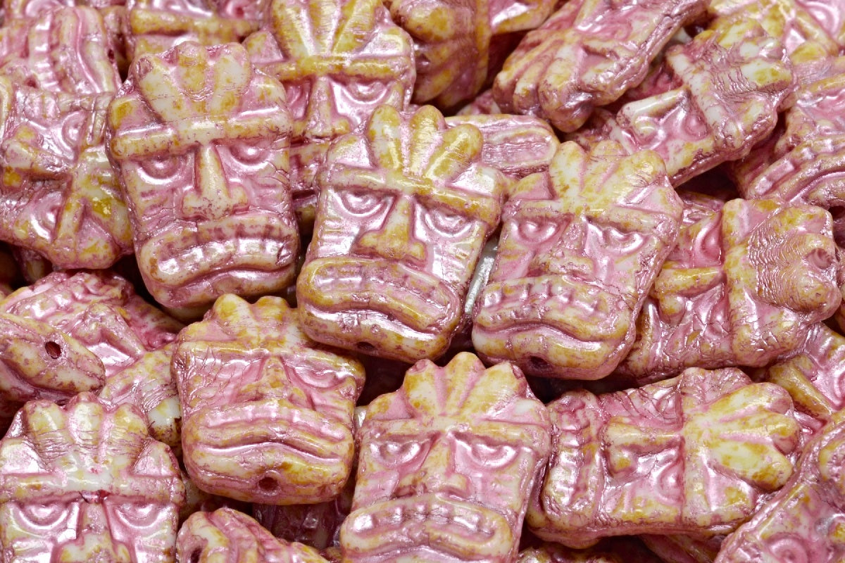 Tiki Mask Beads, White Travertin Pink Lined (02010-86800-54321), Glass, Czech Republic