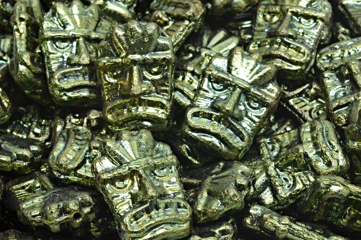 Tiki Mask Beads, Black Luster Red Full Coated (23980-14495), Glass, Czech Republic