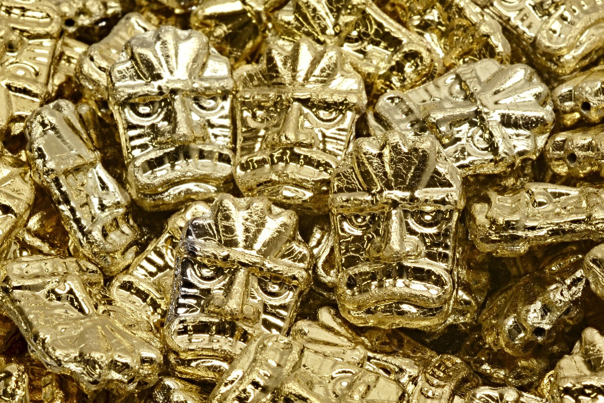 Tiki Mask Beads, Black Gold (23980-26443), Glass, Czech Republic