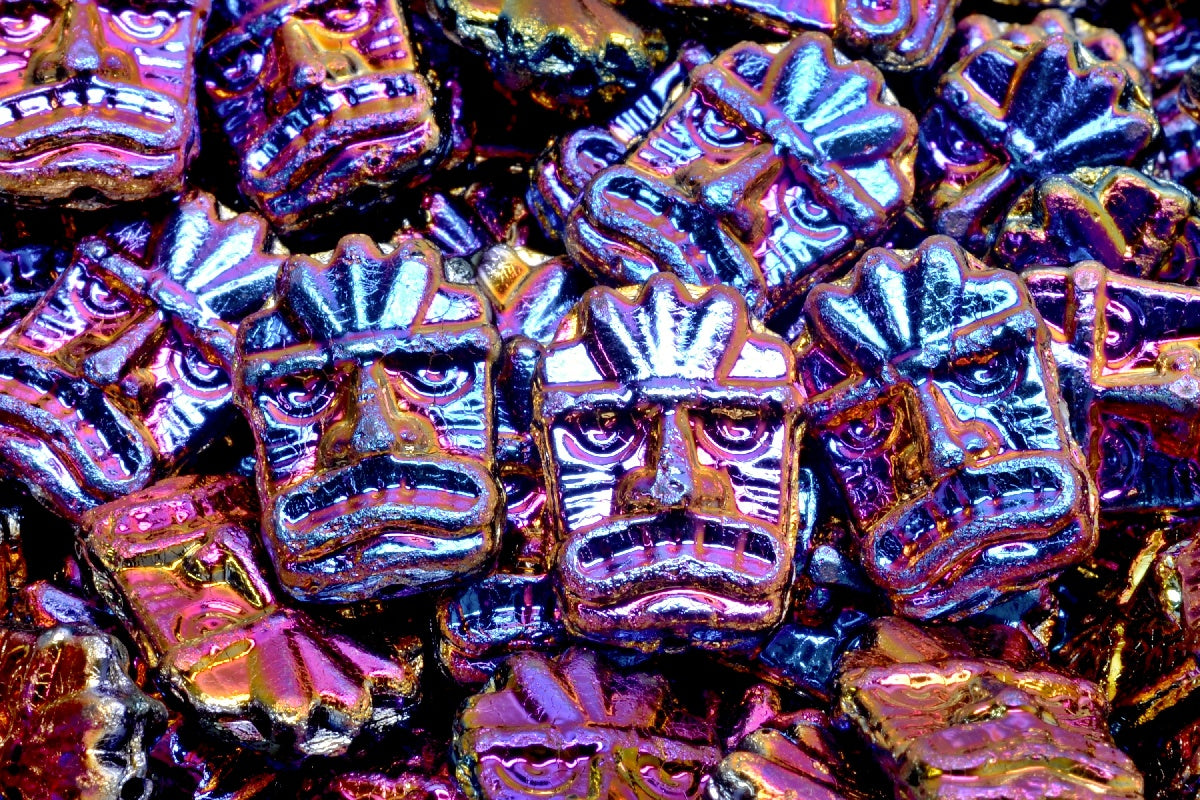 Tiki Mask Beads, Black Sliperit Full (2X Side) (23980-29503), Glass, Czech Republic