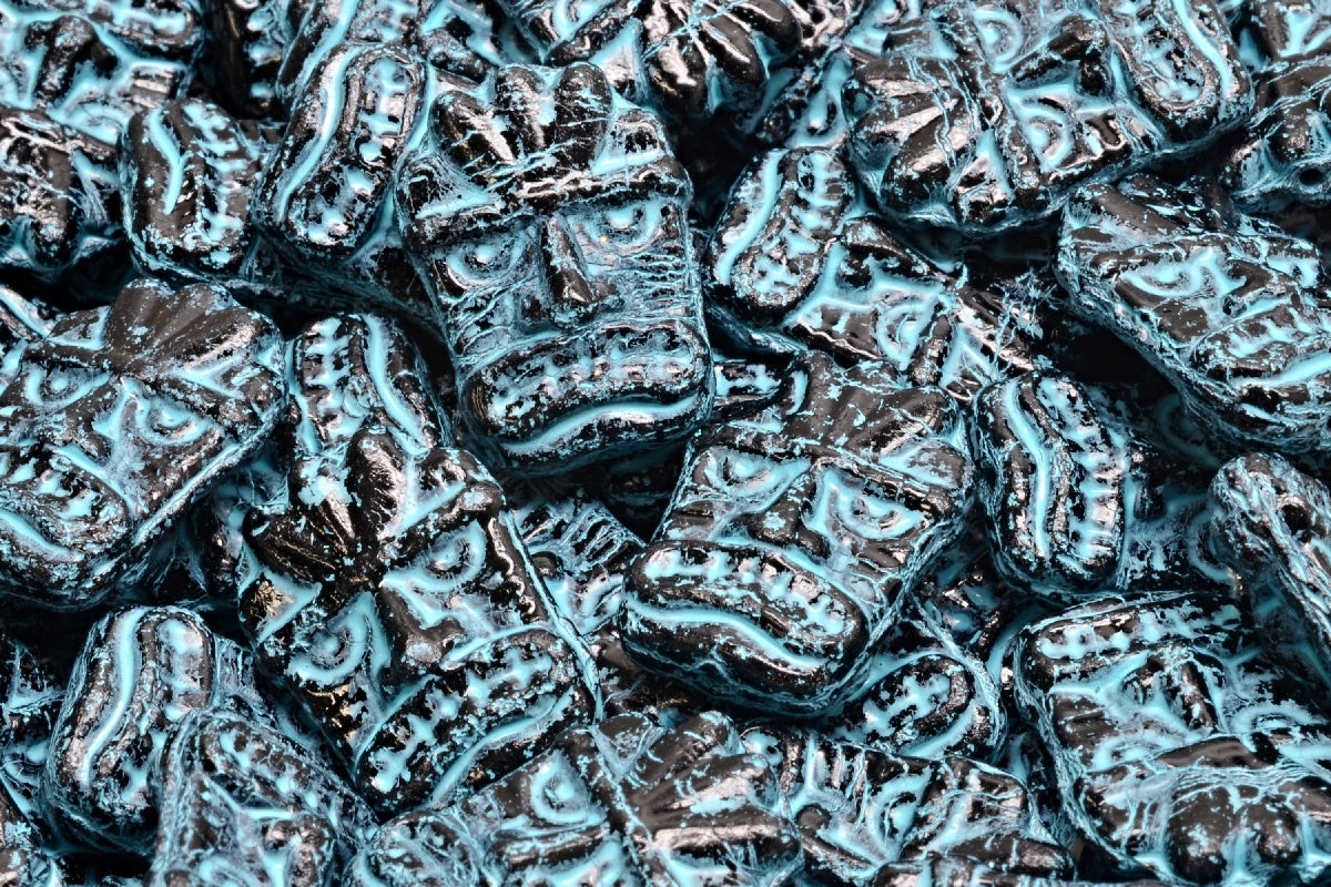 Tiki Mask Beads, Black Light Blue Lined (23980-54308), Glass, Czech Republic