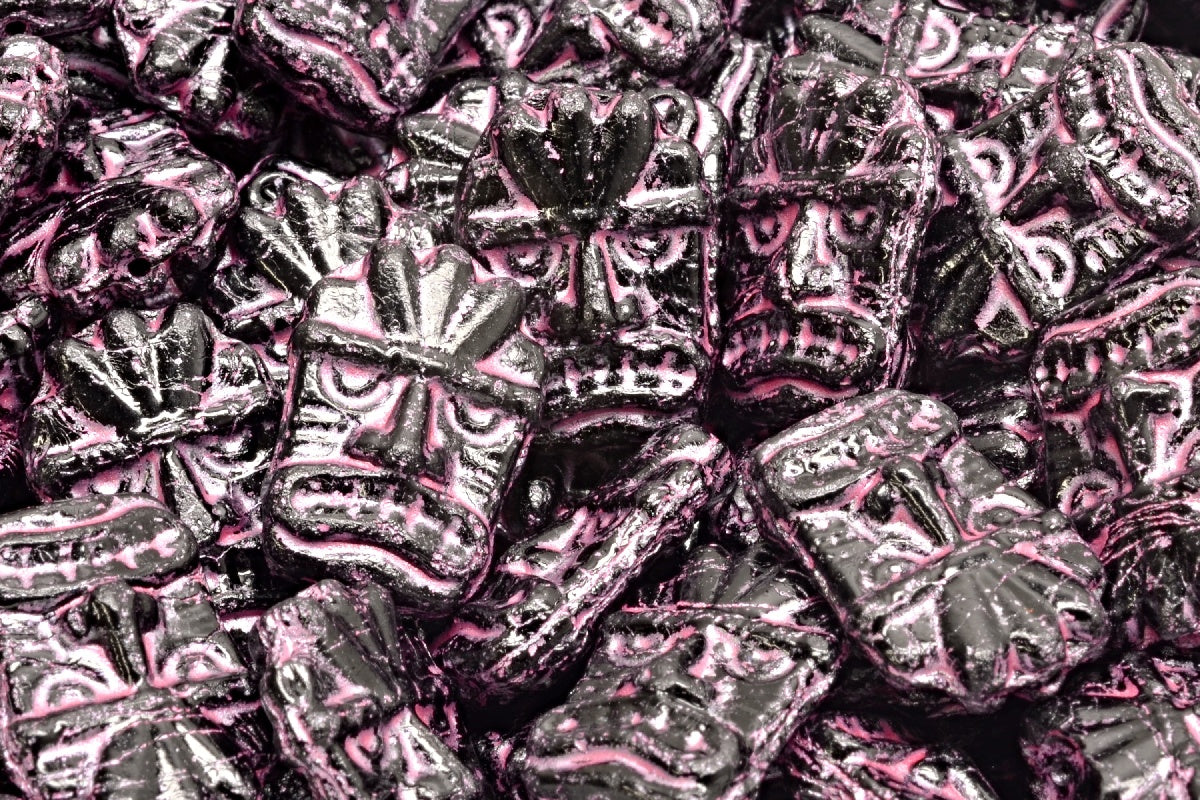 Tiki Mask Beads, Black Pink Lined (23980-54321), Glass, Czech Republic