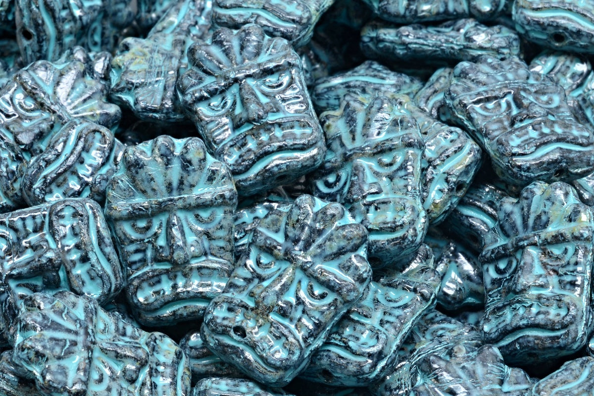 Tiki Mask Beads, Black Travertin Turqouise Spotted (23980-86800-33309), Glass, Czech Republic