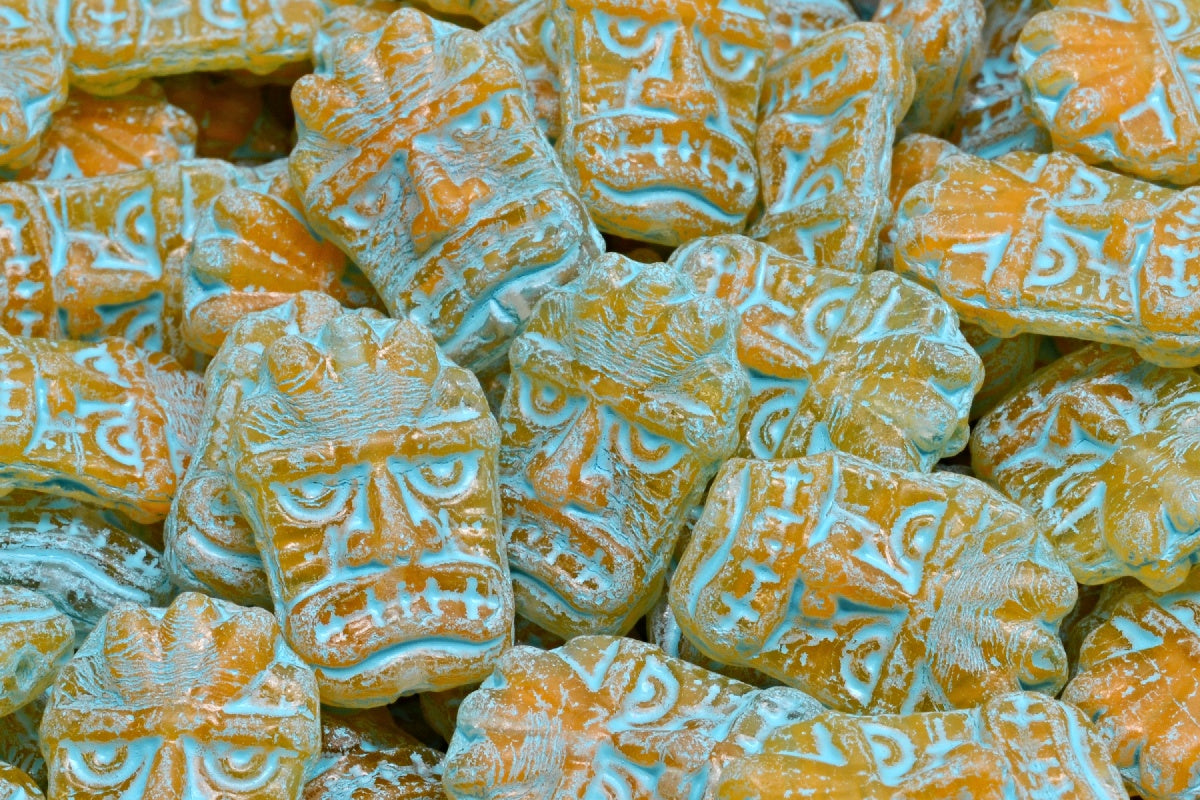Tiki Mask Beads, Orange Light Blue Lined (R0912-54308), Glass, Czech Republic