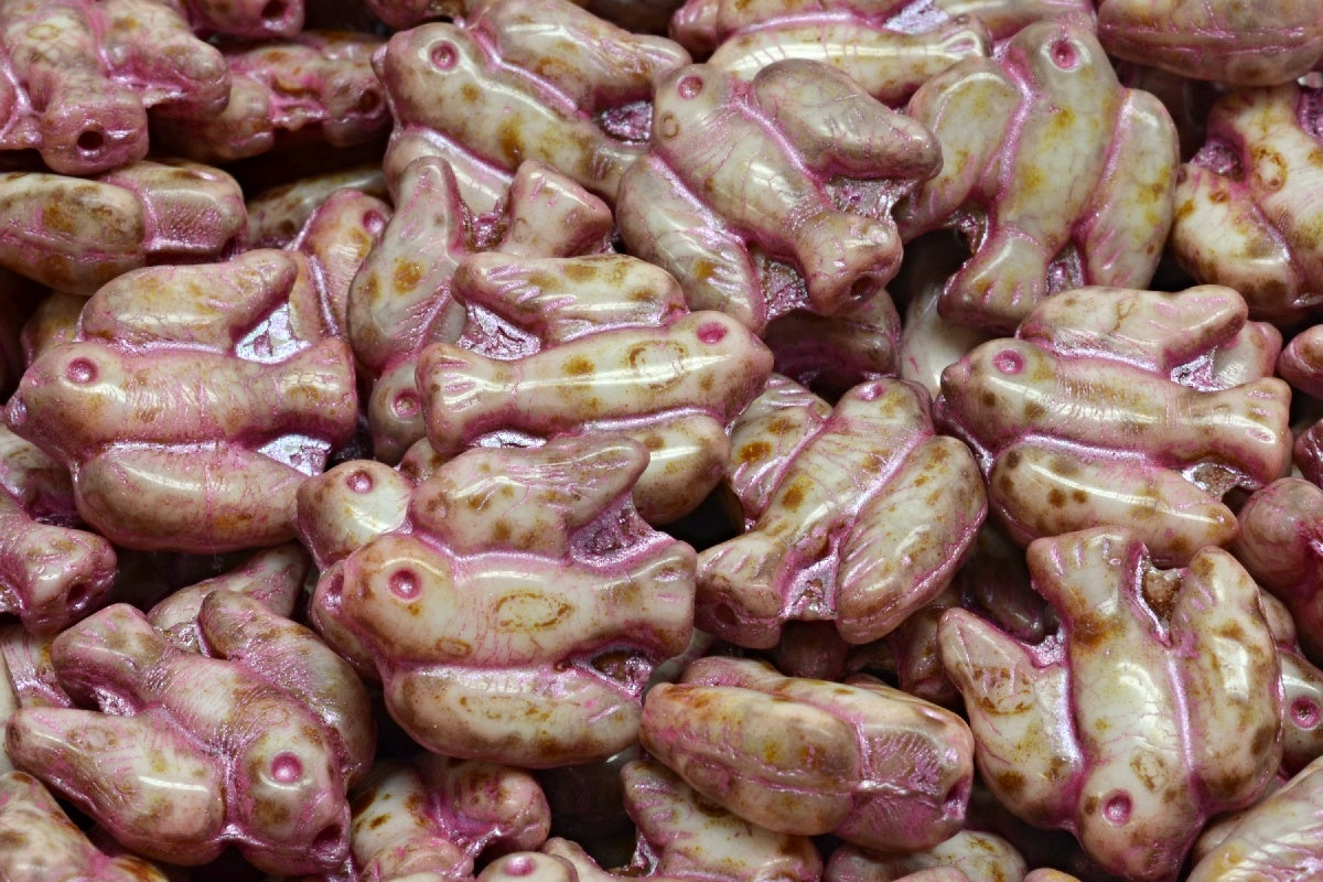 Bird Beads, White Travertin Pink Lined (02010-86800-54321), Glass, Czech Republic