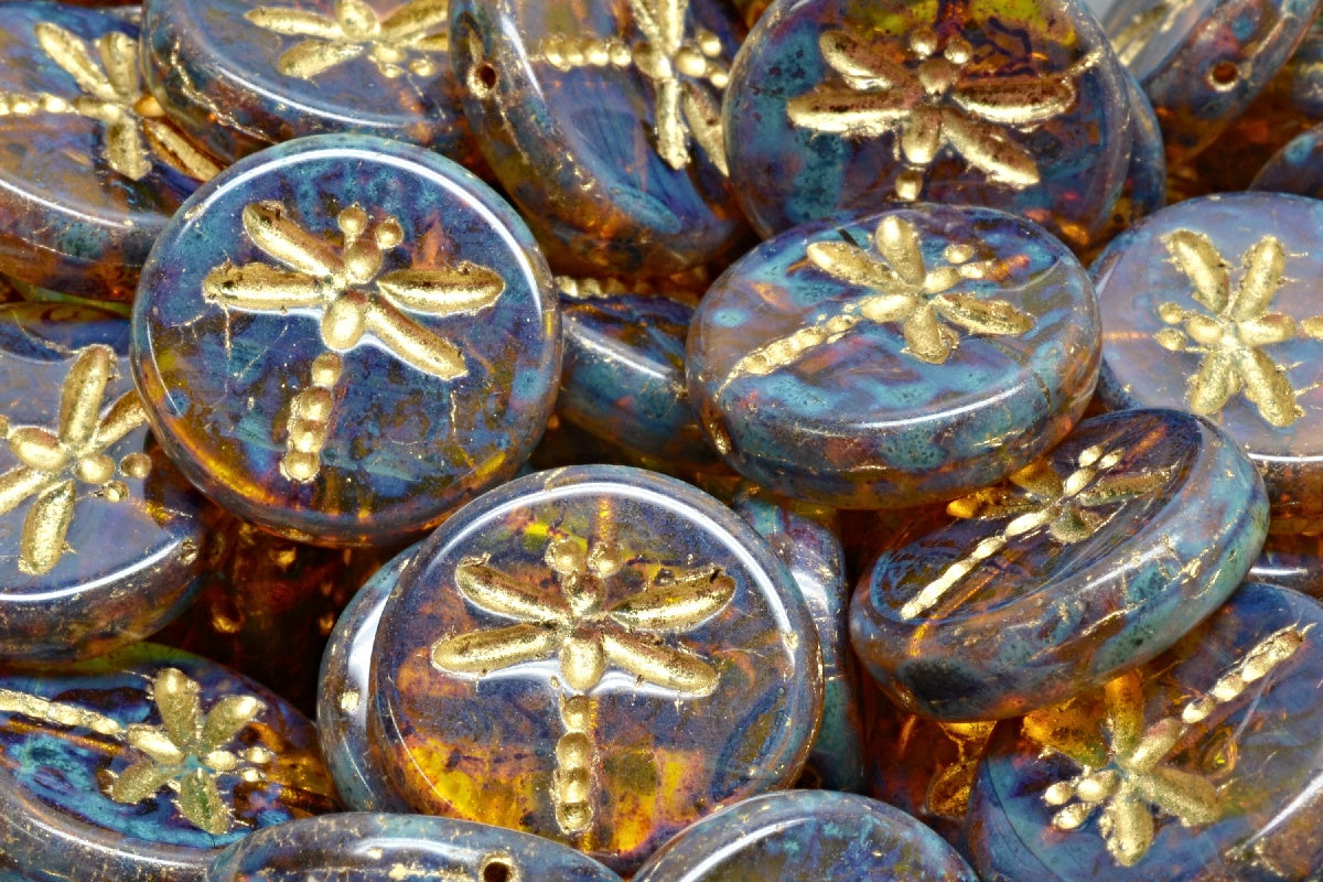 Round Flat Beads With Dragonfly, Transparent Yellow Travertin Gold Lined (80020-86800-54302), Glass, Czech Republic