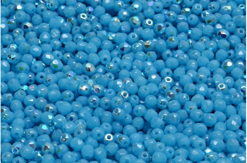 Faceted Round Fire Polished Beads, Turquoise Blue Ab (63030-28701), Glass, Czech Republic