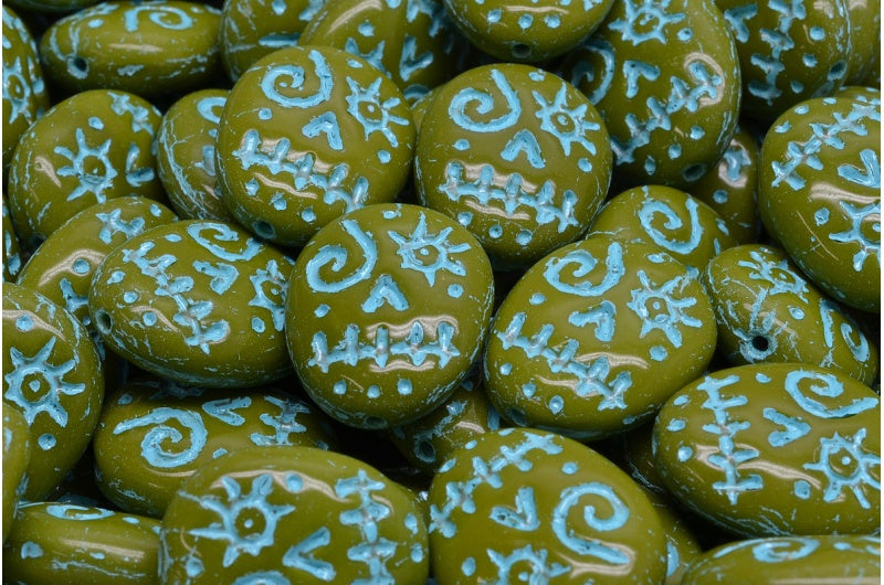 Woodoo ファニーフェイスビーズ、グリーンライトブルーライン(53420-54308)、ガラス、チェコ共和国