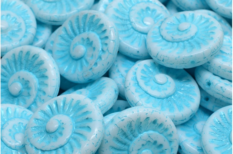 化石貝殻ビーズ、白水色ライン入り(02010-54308)、ガラス、チェコ共和国