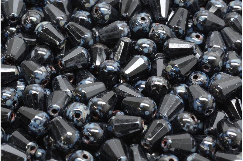 OUTLET 10 克刻面火抛光泪珠珠,8 x 6 毫米,黑色毕加索 (23980-43400),玻璃,捷克共和国