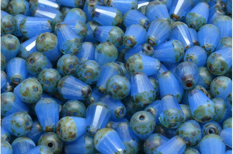 Faceted Fire Polished Teardrop Beads, Opal Blue Travertin (31010-86800), Glass, Czech Republic