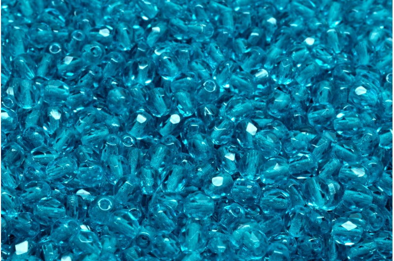 出口 250 克圆形刻面火抛光珠,透明 Aqua P (60150-P),玻璃,捷克共和国