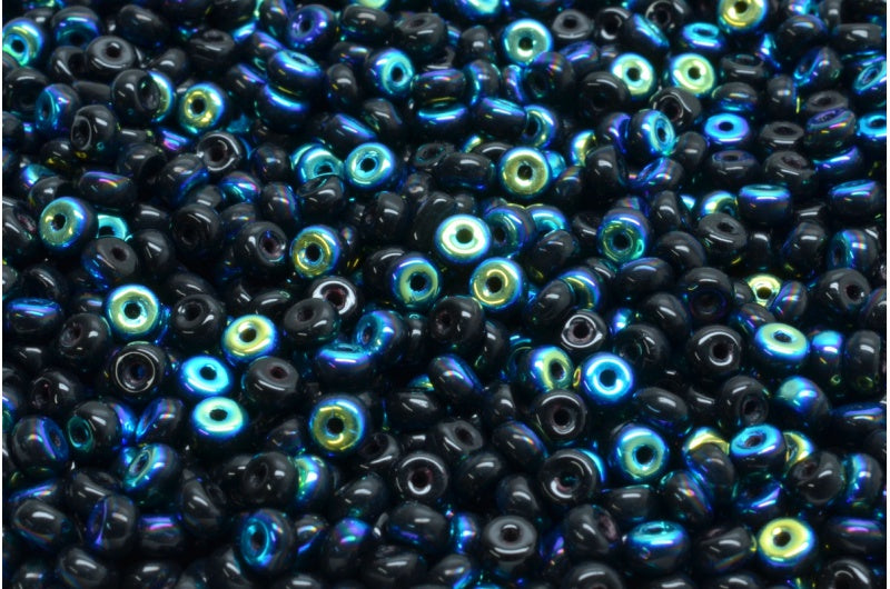 Rondelle Druck ビーズ、ブラック Ab (23980-28701)、ガラス、チェコ共和国