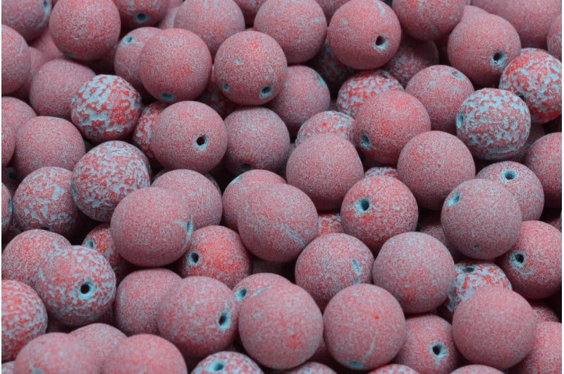 ラウンドドラックビーズ、不透明レッドエッチングライトブルーライン(93200-ETCH-54308)、ガラス、チェコ共和国