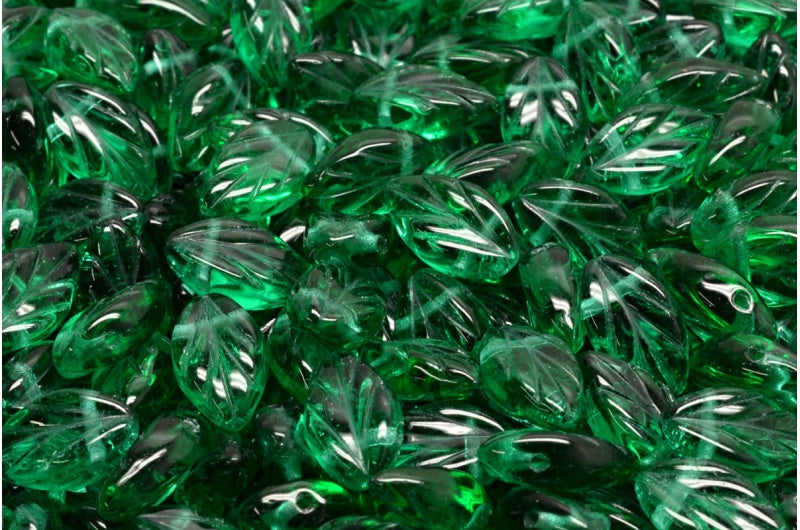 Beech Leaf Beads, Transparent Green Emerald (50720), Glass, Czech Republic