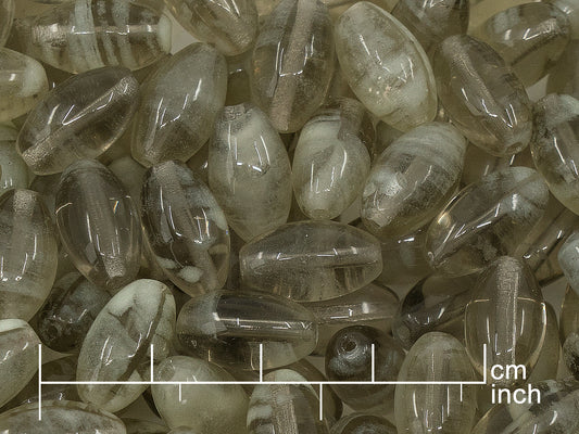 OUTLET 10 grams Olive Oval Pressed Glass Beads, 12 x 7 mm, Gray Glow Stripes (40000-88035), Glass, Czech Republic