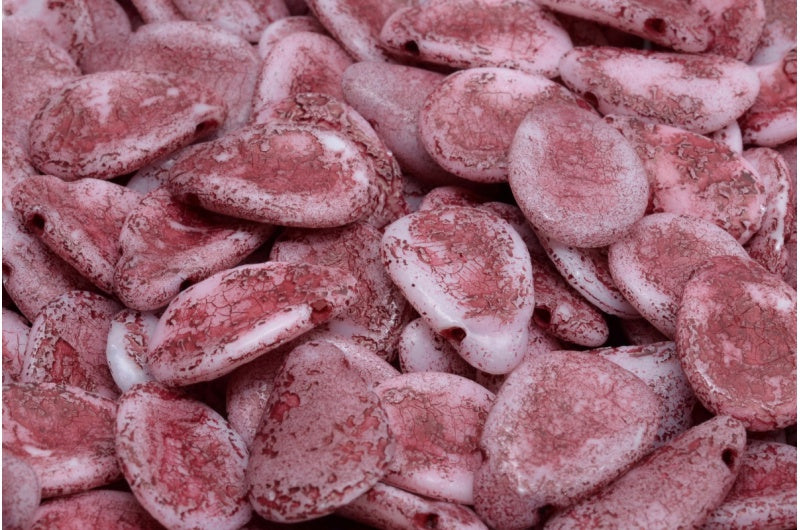 アネモネの花びらビーズ、白エッチング、赤ライン入り(02010-ETCH-54310)、ガラス、チェコ共和国