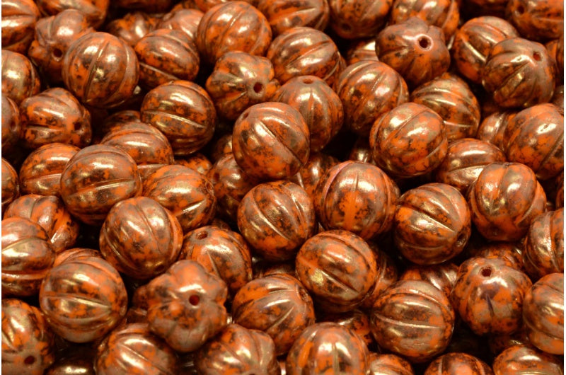 Melon Beads, Opaque Yellow Terracotta Violet (93120-15496), Glass, Czech Republic