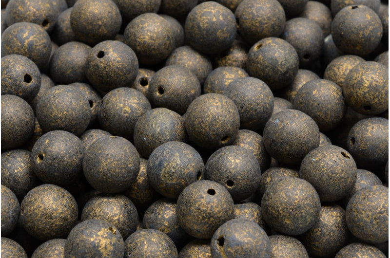 OUTLET 10 grams Round Druck Beads, 8 x 8 mm, Black Etched Gold Lined (23980-ETCH-54302), Glass, Czech Republic