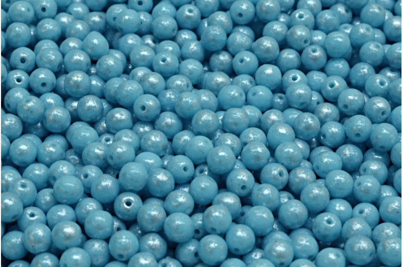 Round Druck Beads, Turquoise Blue Silver Splash (63030-94400), Glass, Czech Republic
