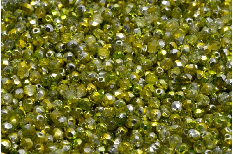 ファセット加工ラウンドファイアポリッシュビーズ、クリスタルグロッシーグリーンイエロー(00030-48226)、ガラス、チェコ共和国