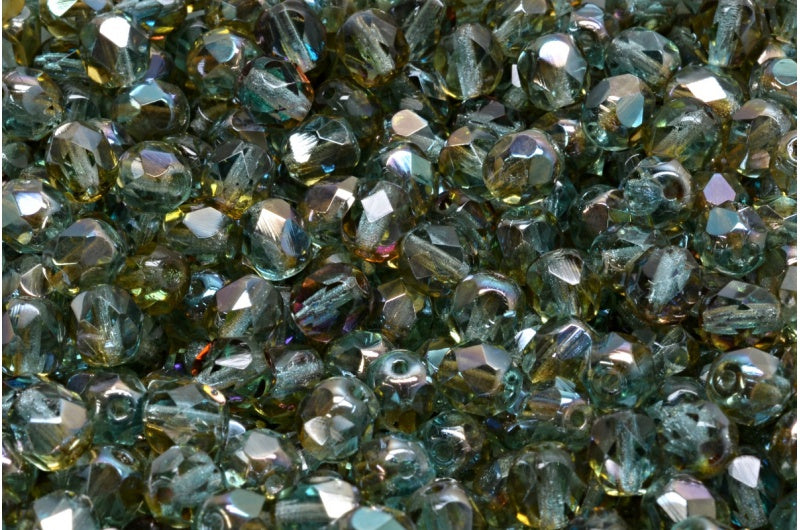 多面圆形火抛光珠,透明海蓝色 22501 (60010-22501),玻璃,捷克共和国