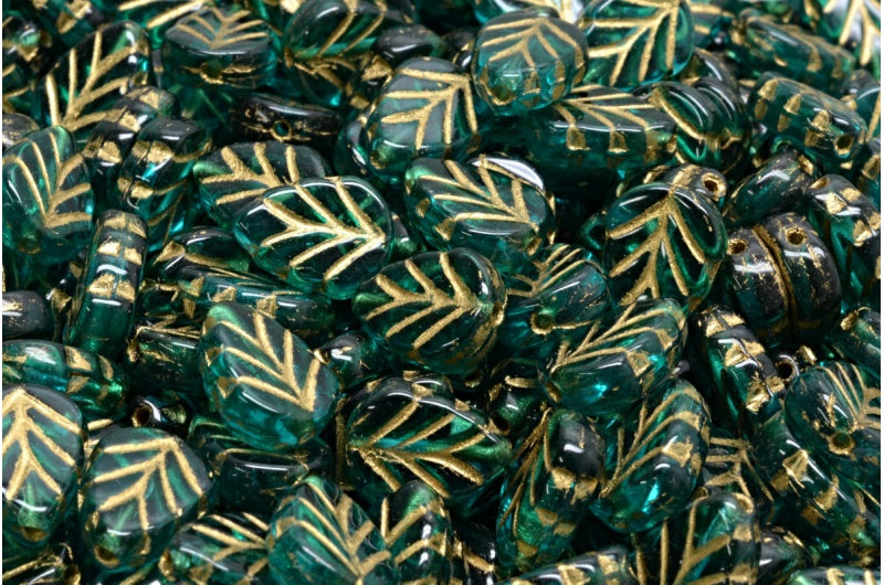 Mint Leaf Beads, Transparent Aqua Gold Lined (60210-54202), Glass, Czech Republic