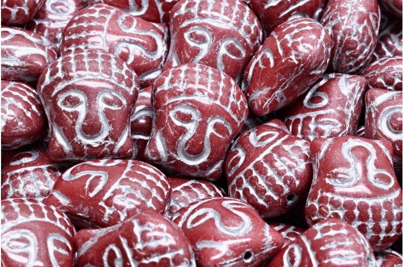 Buddha Head Beads, Opaque Red Silver Lined (93210-54301), Glass, Czech Republic
