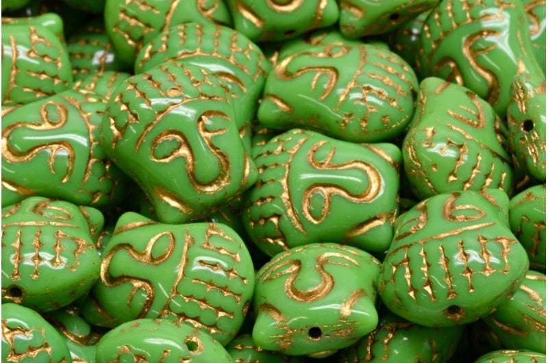 仏頭ビーズ、不透明グリーンゴールドライン(53320-54302)、ガラス、チェコ共和国