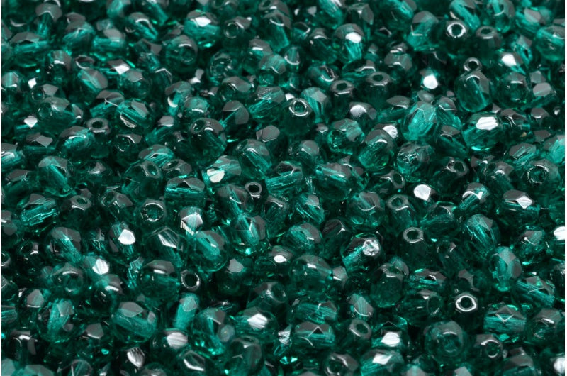 Faceted Round Fire Polished Beads, Transparent Green Emerald (50730), Glass, Czech Republic