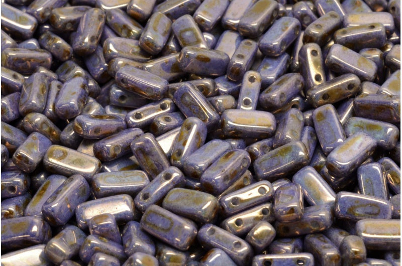 2穴プレスタイルビーズ、ホワイトステイン、光沢バイオレット(02010-65426)、ガラス、チェコ共和国